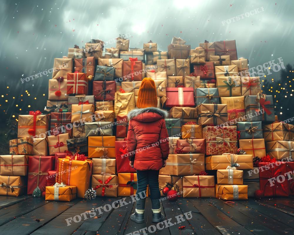 На фотографии изображен ребенок в красной зимней куртке и оранжевой шапке, стоящий перед огромной горой подарков. Сцена передает атмосферу волшебства и ожидания праздника, создавая новогоднее настроение.